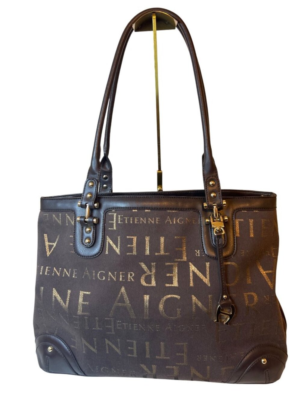 Etienne Aigner Signature Tote Shoulder Bag Handbag Large Brown Gold Tone Logo